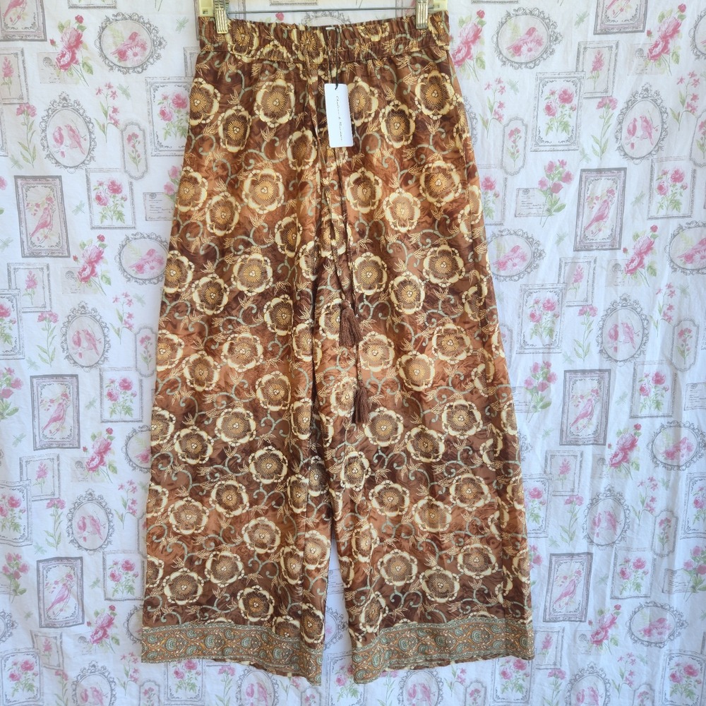 New Chelsea & Theodore Wide Leg Palazzo Pants Satin Boho Brown Floral Women's S